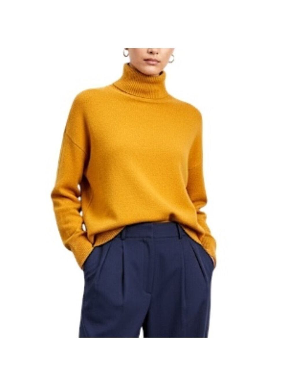 French Connection minimalist golden yellow boxy fine knit turtleneck sweater XL